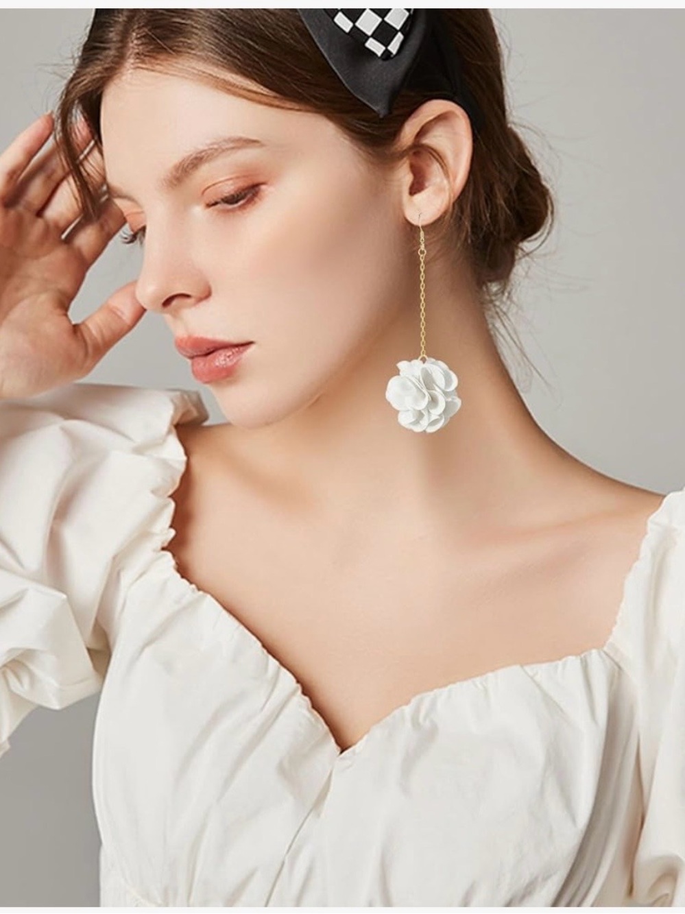Fabric Flower Long Drop Floral Dangle Statement Earrings